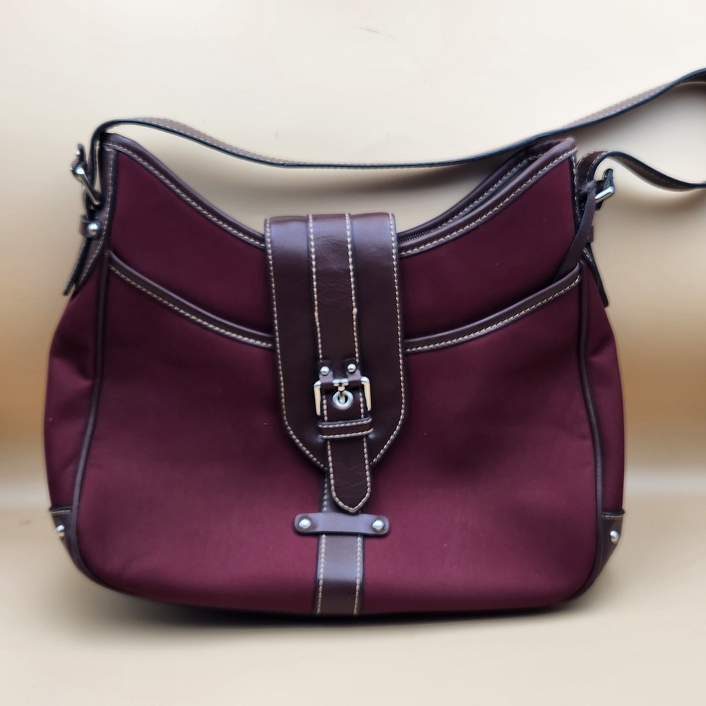 Etienne Aigner Burgundy Canvas Brown Leather Canvas Shoulder Bag Handbag Purse